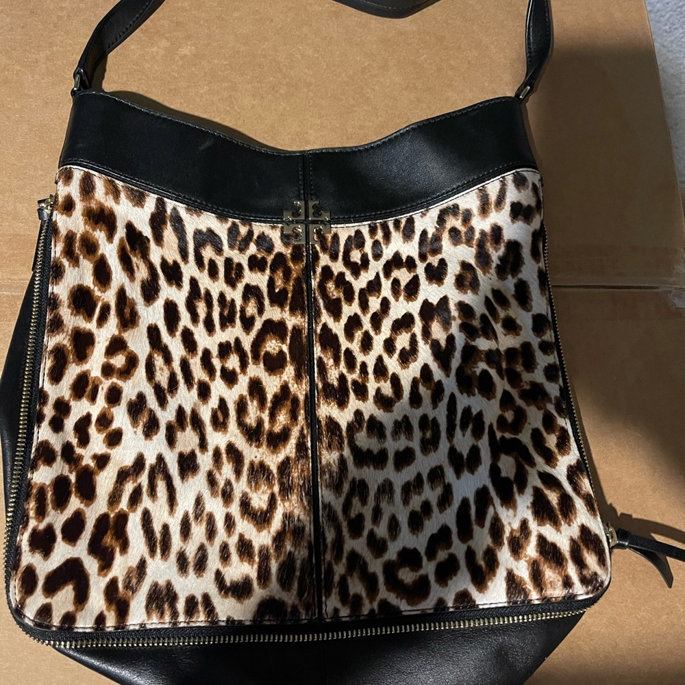 Tory Burch Black leather and pony-hair leopard print front